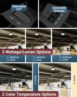 UFO High Bay LED Fixture, 300W/270W/240W, Selectable Wattage & CCT, 49000 Lumens -Sunco Lamp Store 300W UFO B06