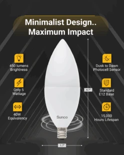 B11 LED Candelabra Bulb, Dusk To Dawn, 450 Lumens -Sunco Lamp Store B11 Block02