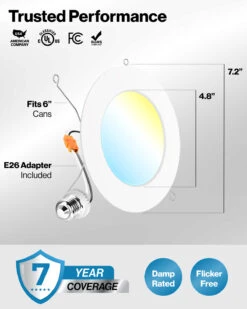 Recessed LED Retrofit Lighting, 6 Inch, Flat Smooth, Selectable CCT, 1200 Lumens -Sunco Lamp Store Block5 FlatRetrofit