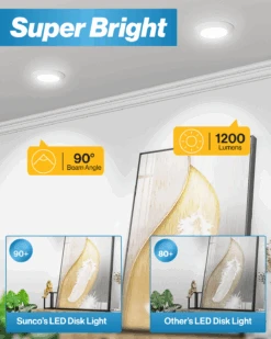 LED Canless Disk Downlight, 6-Inch, Surface Mount, 14W, Selectable CCT, 1200 Lumens -Sunco Lamp Store CL DK6 CLS WH 2760K Block2