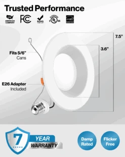 Recessed LED Retrofit Lighting, 5/6 Inch, Baffle, 965 Lumens -Sunco Lamp Store DL BFDR56 13W Block 6