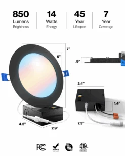Recessed LED Lighting, 6-Inch, Slim, Wafer Thin, Black Trim, 14W, 850 Lumens -Sunco Lamp Store DL SL6 BK 2750K Block 5 1