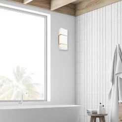 LED Satin Nickel Wall Sconce, 15W, Luminara, 1300 Lumens -Sunco Lamp Store LEDSatinNickelWallSconceAttachedtoaBathroomWall SP W195D 3000K 62