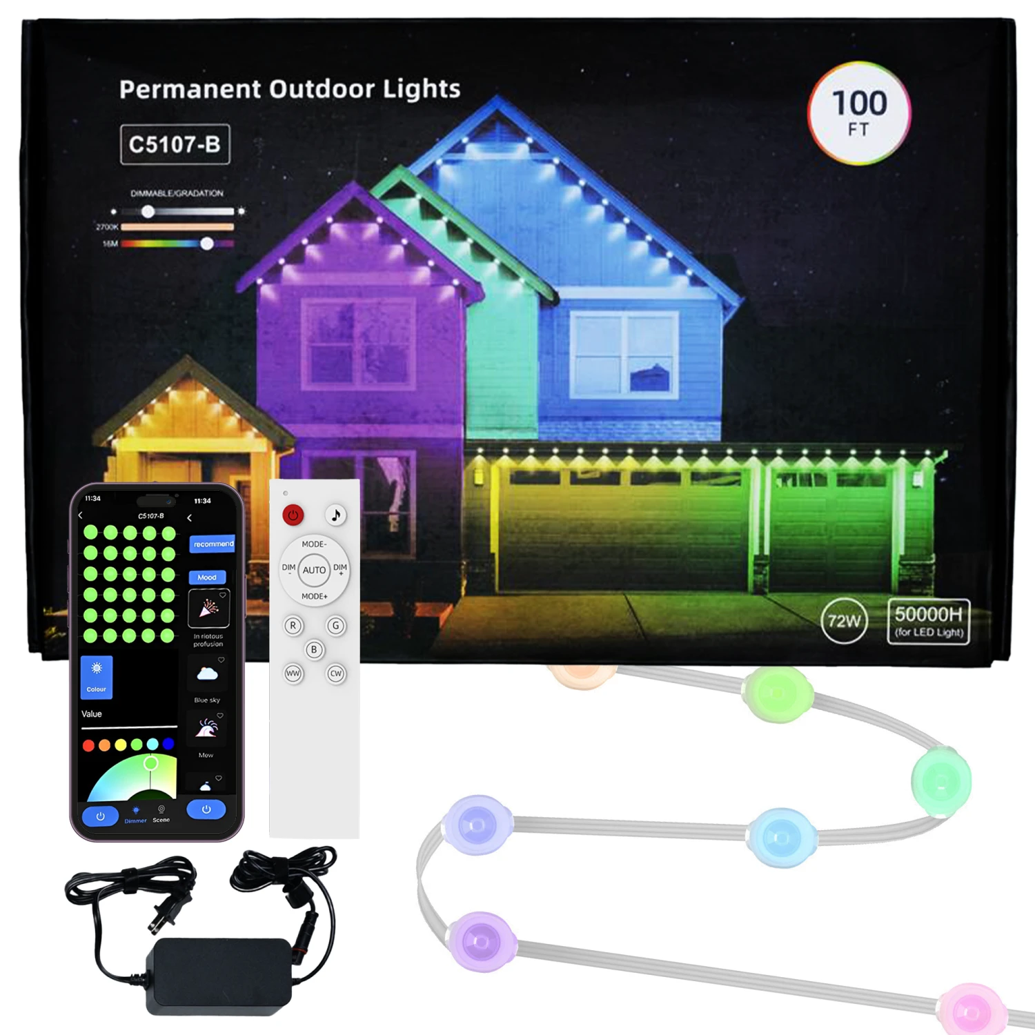 Permanent LED RGBW Outdoor Light, 100ft, Linkable, Bluetooth & Wi-Fi Compatible, 8100 Lumens 1 Permanent LED RGBW Outdoor Light, 100ft, Linkable, Bluetooth & Wi-Fi Compatible, 8100 Lumens