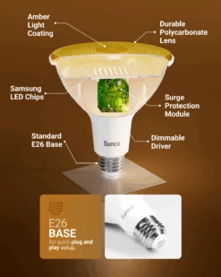 PAR38 LED Bulb, Yellow Bug Light, 1050 Lumens -Sunco Lamp Store PAR38BugLight B3