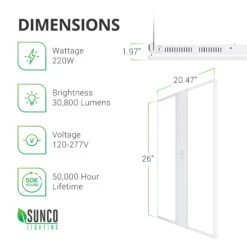 LED Linear High Bay, 2ft, 220W, 29700 Lumens -Sunco Lamp Store Sunco Linear HighBays 220W Block 01 Dimensions