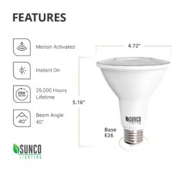 PAR38 LED Bulb, Motion Activated, 1050 Lumens -Sunco Lamp Store Sunco PAR38 Motion Bulb Block 06 Features website