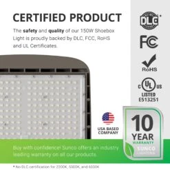 Shoebox LED 150W, Parking Lot, Type III, Dusk To Dawn, 21000 Lumens -Sunco Lamp Store Sunco Shoebox 150W Block 05 CertifiedProduct Web