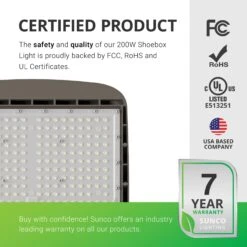 Shoebox LED 200W, Parking Lot, Type III, Dusk To Dawn, 26000 Lumens -Sunco Lamp Store Sunco Shoebox 200W Block 05 CertifiedProduct noDLC